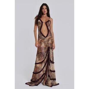 Jaded London Dress 8 Fatale Maxi Sunrose Sheer Animal Print Ruffle Y2K Gown Sexy